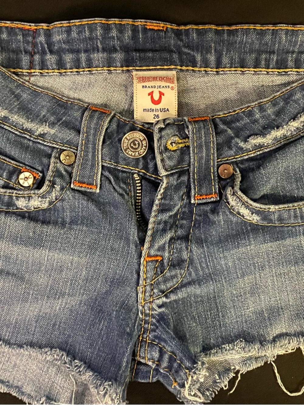 True Religion Distressed Blue Denim Cutoff Shorts